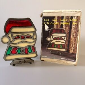 Vintage Interpur Cast Iron Stained Glass Christmas Santa Claus Candle Holder